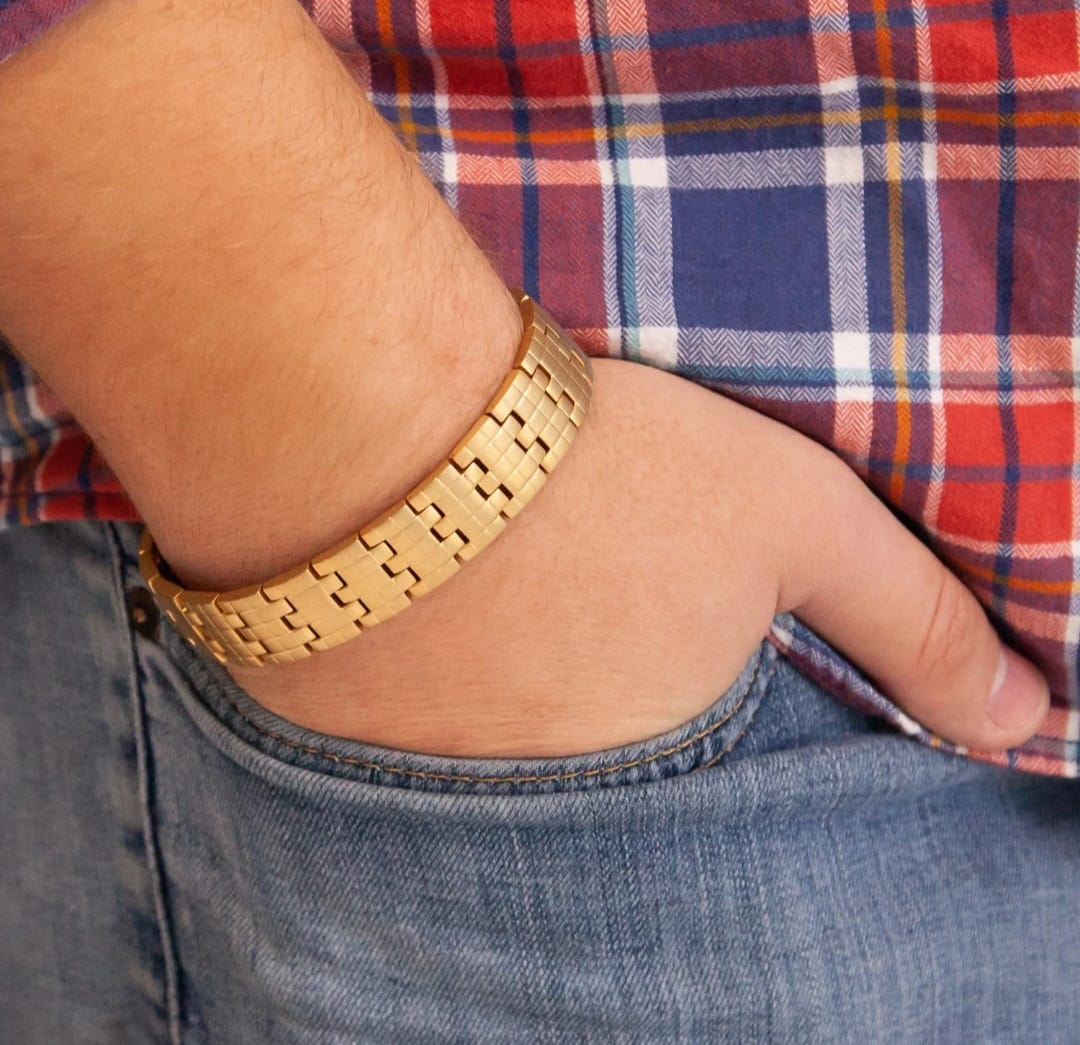 Chess Board Gold - Negative Ion Bracelet, Matte Gold Finish