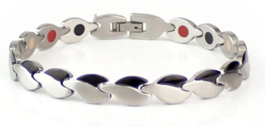 Half & Half Heart - Silver & Black-- Negative Ion Bracelet, Stainless Steel